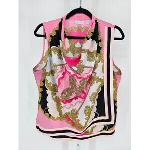 New York & Co Womens Sz L Sleeveless Blouse Bandana Print Cowl Neck Pink Gold